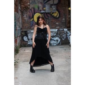 Vintage Y2K Cachet Black Corset Midi Dress Lace-Up Whimsy Goth Fairy Grunge Sz 6